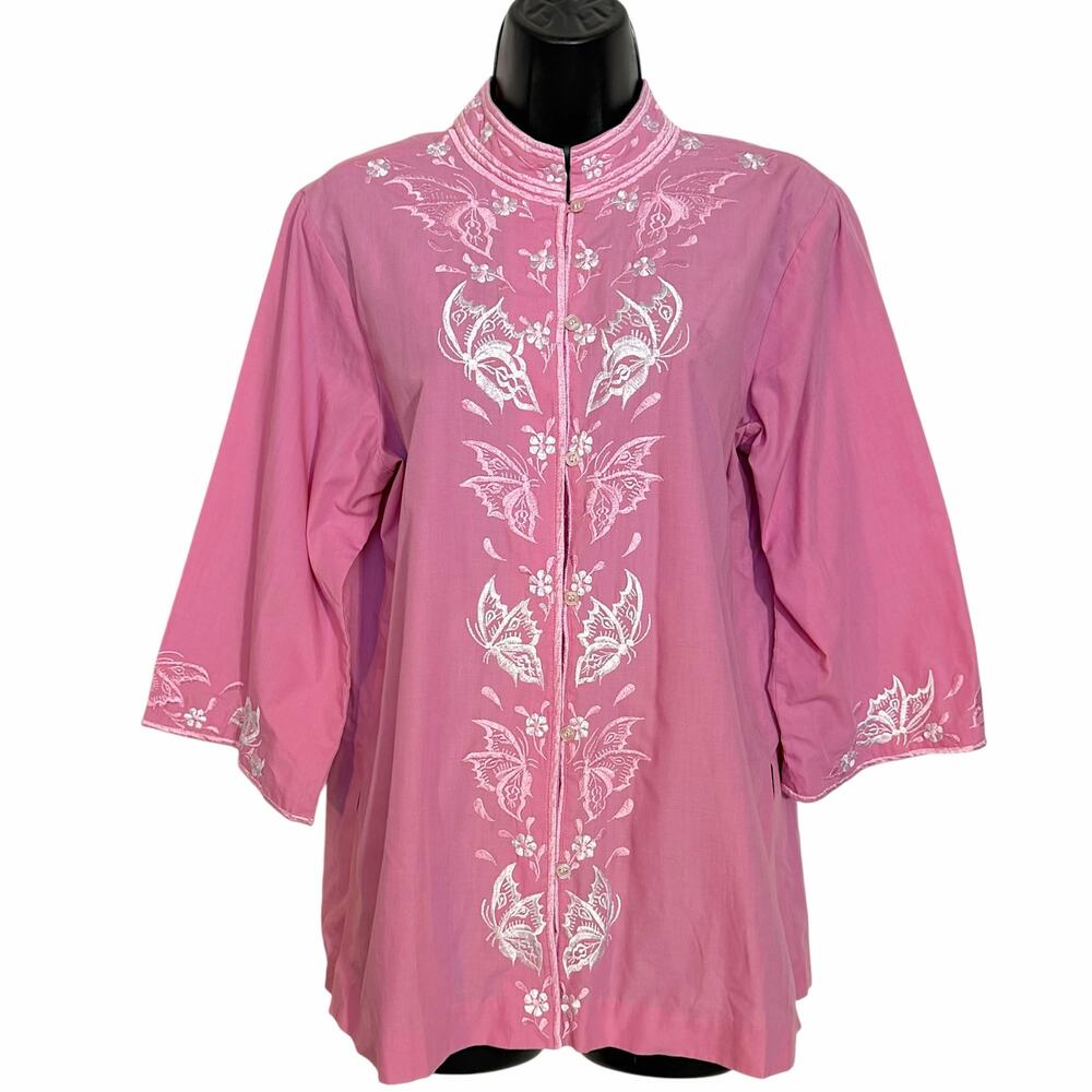 Vtg Daisy's Creations 70s Embroidered Butterfly Blouse 14 Pink Boho Festival